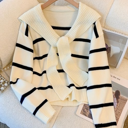 Striped Knitted Pullover Sweater, Casual Long Sleeve Sweater For Fall & Winter, Women's Clothing