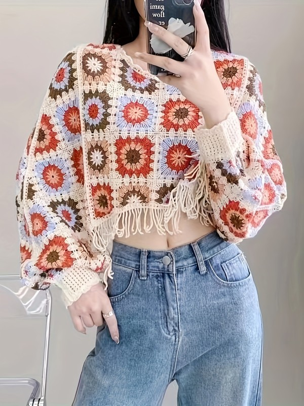 Floral Pattern Tassel Trim Sweater, Boho Batwing Sleeve Stylish Crop Sweater For Spring & Fall, Women's Clothing