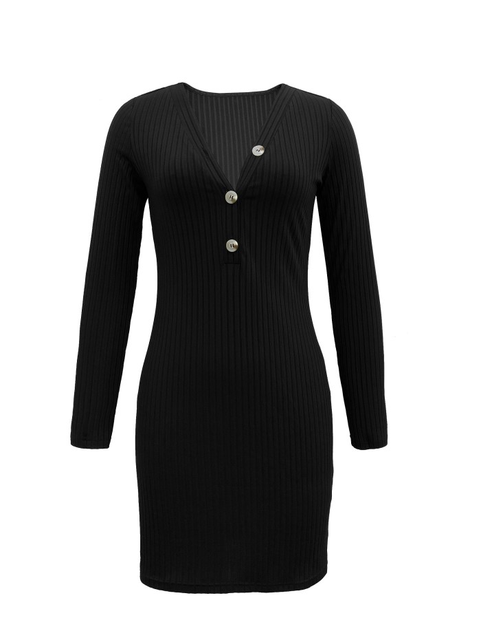 Solid Color V Neck Button Dress, Casual Long Sleeve Bodycon Dress For Spring & Fall