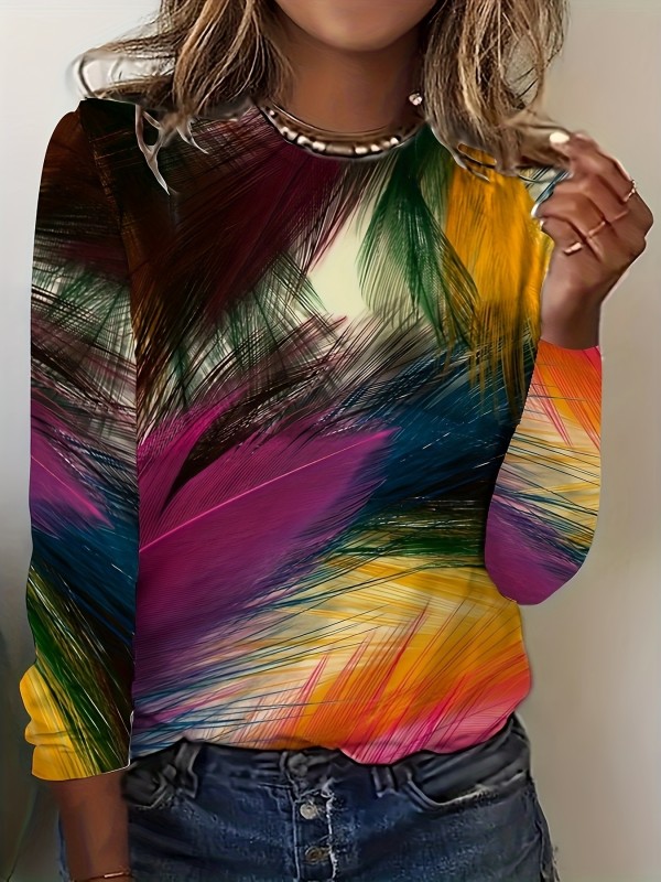 Graphic Print Crew Neck T-shirt, Elegant Long Sleeve Top For Spring & Fall, Women's Clothing