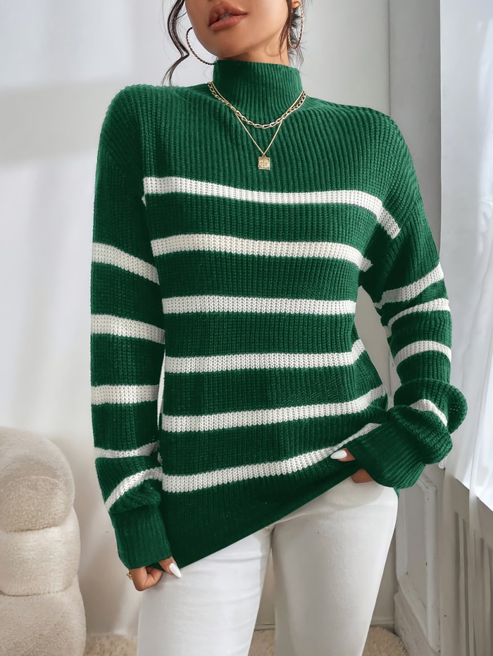 Striped Knitted Pullover Sweater, Casual Long Sleeve Mock Neck Sweater