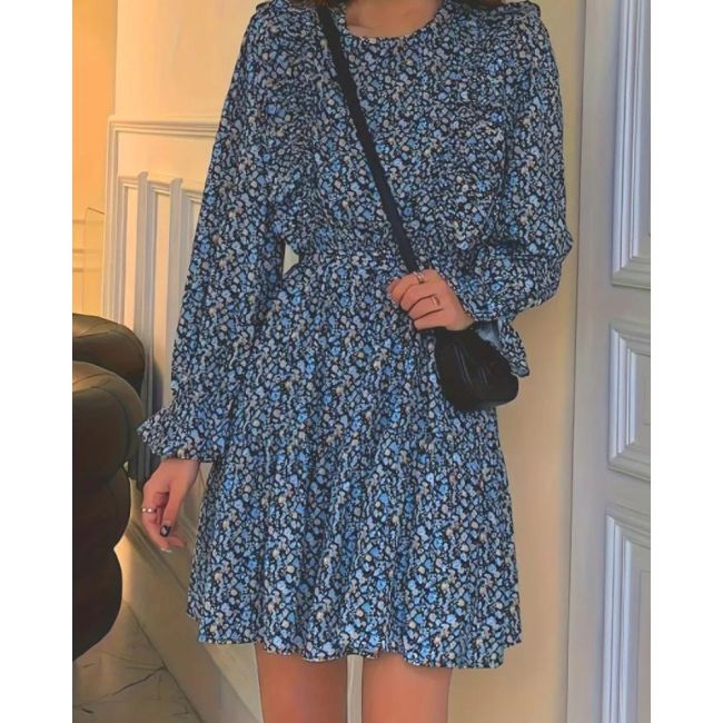 Floral Print Ruffle Trim Dress, Casual Lantern Sleeve Crew Neck Dress For Spring & Fall, Women's Clothing