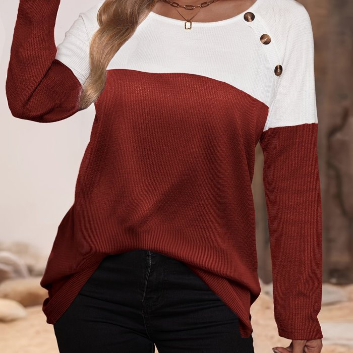 Plus Size Casual Top, Women's Plus Colorblock Button Decor Waffle Pattern Long Sleeve Round Neck Top