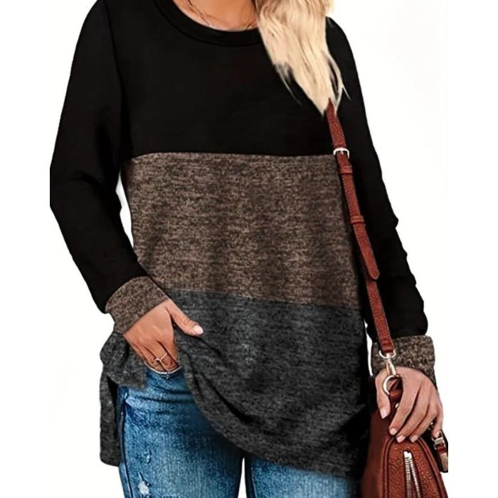 Plus Size Casual Top, Women's Plus Colorblock Long Sleeve Round Neck Medium Stretch Top