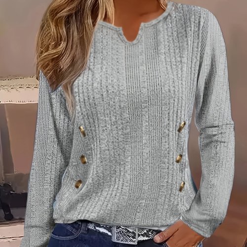 Plus Size Casual T-shirt, Women's Plus Solid Ribbed Button Decor Long Sleeve Notched Neck Slight Stretch T-shirt