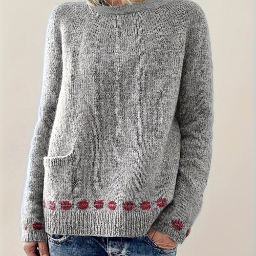 Crew Neck Knitted Pullover Sweater, Casual Long Sleeve Sweater With Pockets For Fall & Winter, Women's Clothing