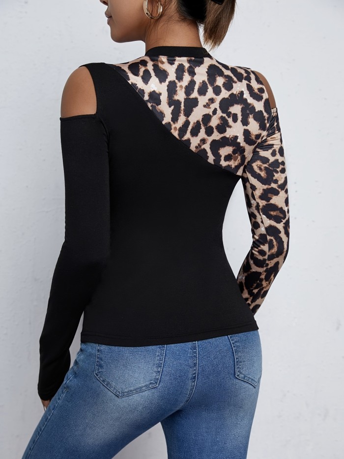Leopard Print Cold Shoulder Crew Neck T-Shirt, Casual Long Sleeve Top For Spring & Fall, Women's Clothing