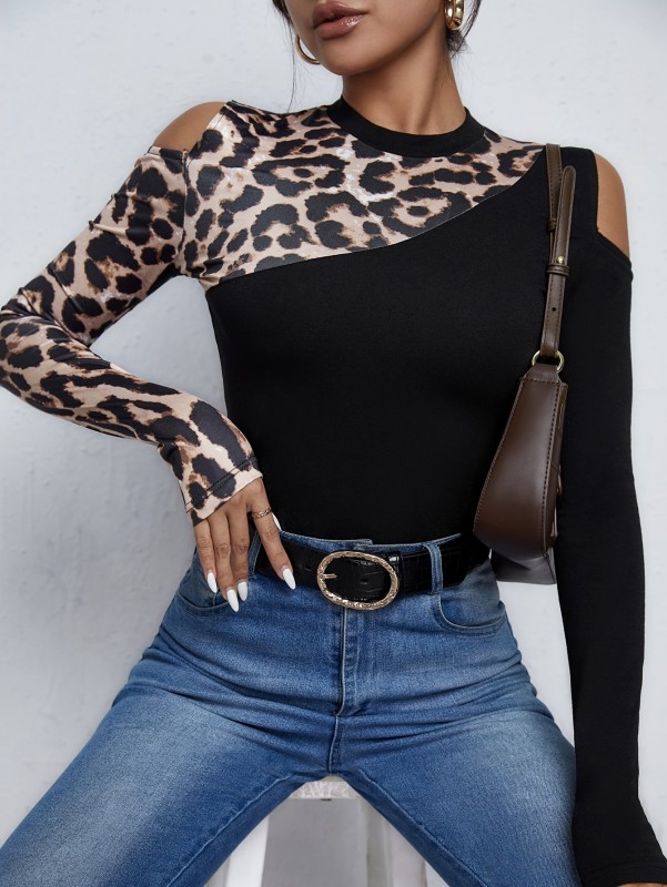 Leopard Print Cold Shoulder Crew Neck T-Shirt, Casual Long Sleeve Top For Spring & Fall, Women's Clothing