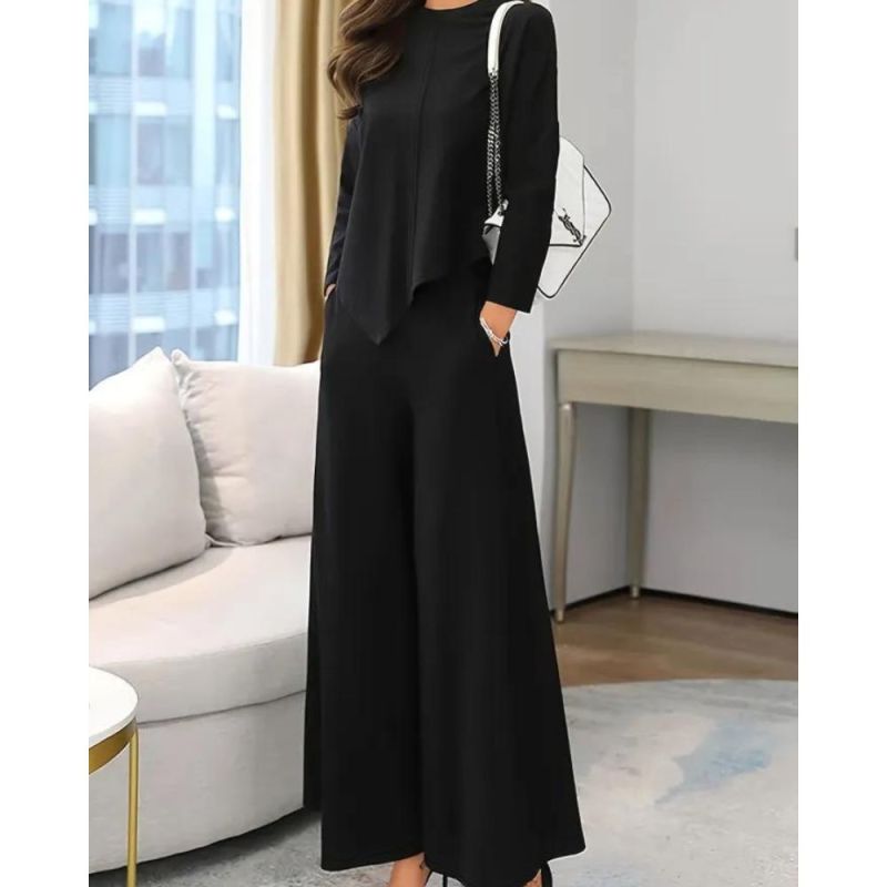 Casual Solid Two-piece Set, Long Sleeve Top & Wide Leg Pants Outfits, Women's Clothing