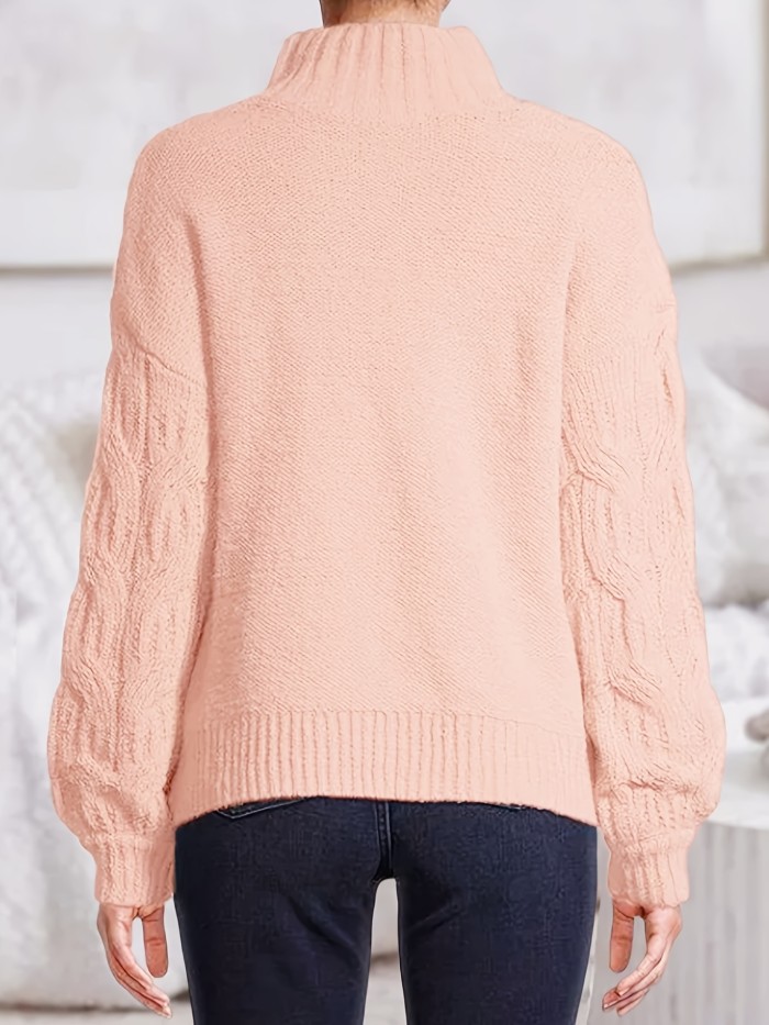 Solid Mock Neck Cable Knit Sweater, Casual Long Sleeve Drop Shoulder Loose Sweater, Women's Clothing