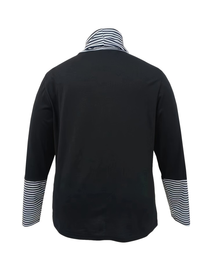 Plus Size Casual T-shirt, Women's Plus Contrast Stripe Print Long Sleeve Turtleneck Slight Stretch Top