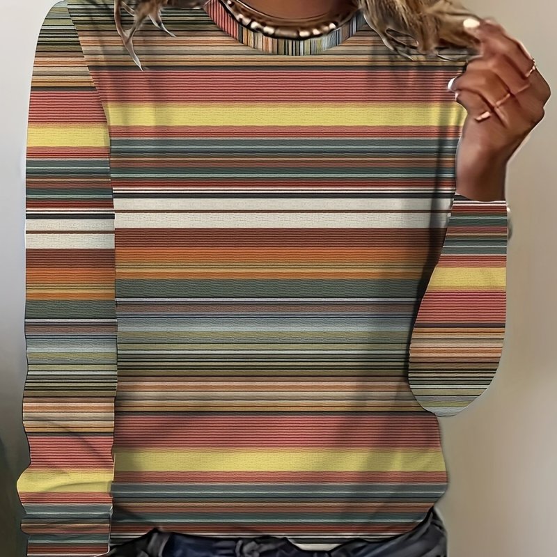 Colorblock Stripe Print Crew Neck T-Shirt, Casual Long Sleeve Top For Spring & Fall, Women's Clothing