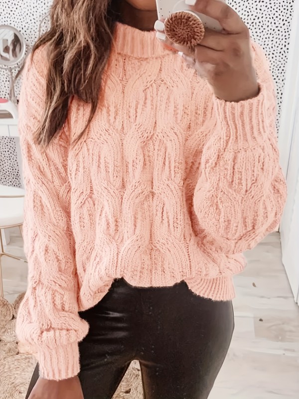 Solid Mock Neck Cable Knit Sweater, Casual Long Sleeve Drop Shoulder Loose Sweater, Women's Clothing