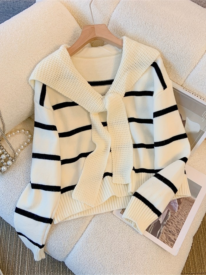 Striped Knitted Pullover Sweater, Casual Long Sleeve Sweater For Fall & Winter, Women's Clothing