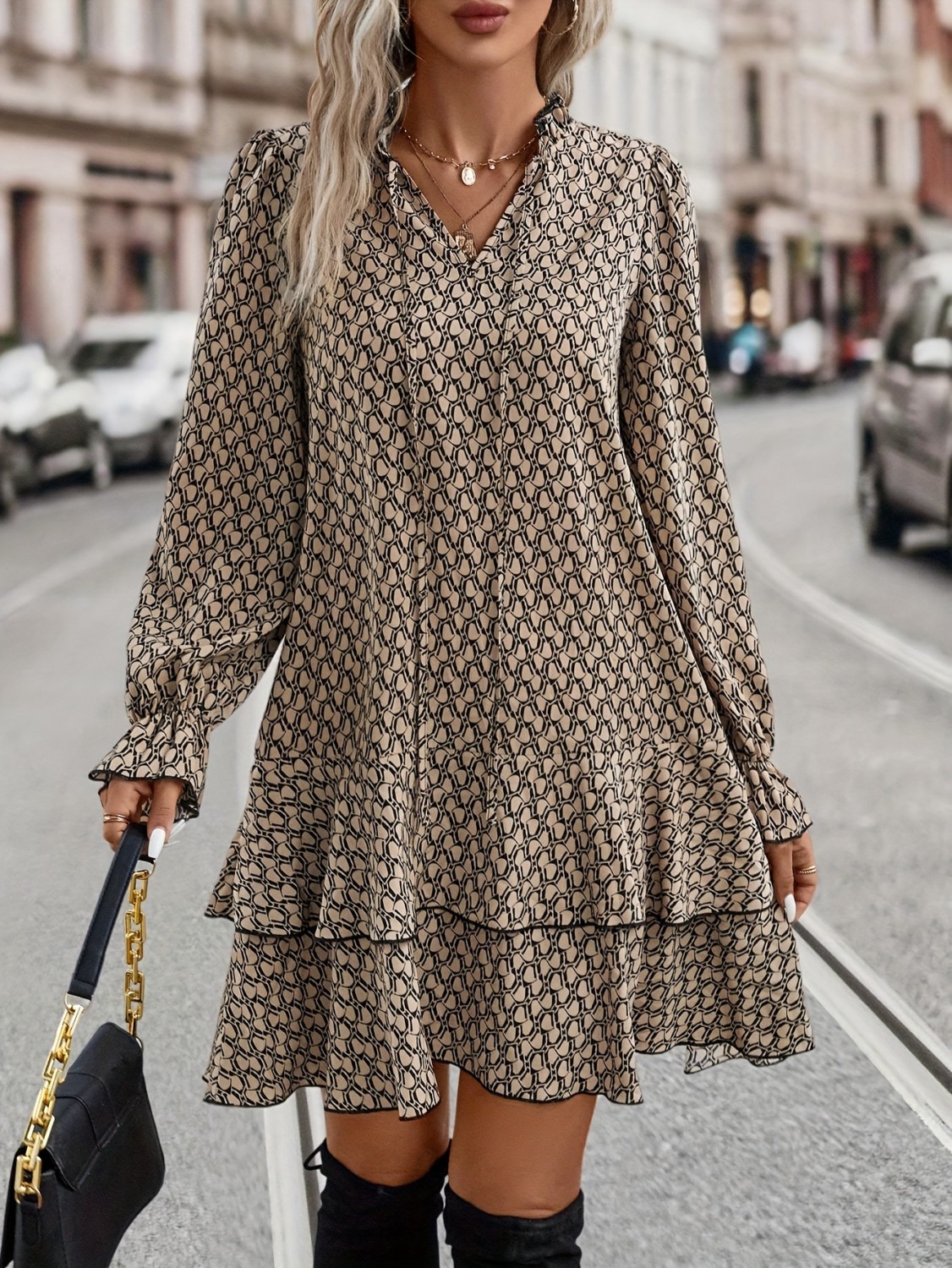 All-Over Print Women's Lapel Shirt Dress With Long Sleeve main image 1