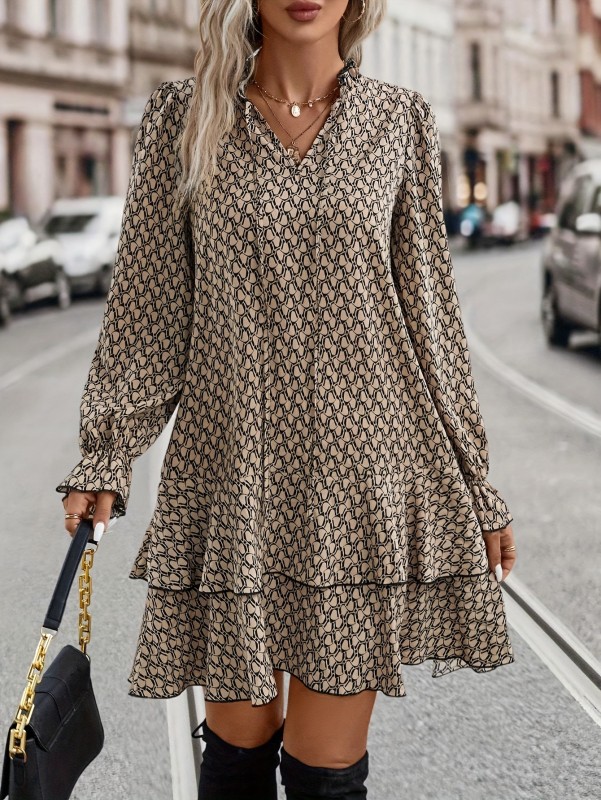 Allover Print Layered Dress, Elegant V Neck Long Sleeve Dress, Women's Clothing