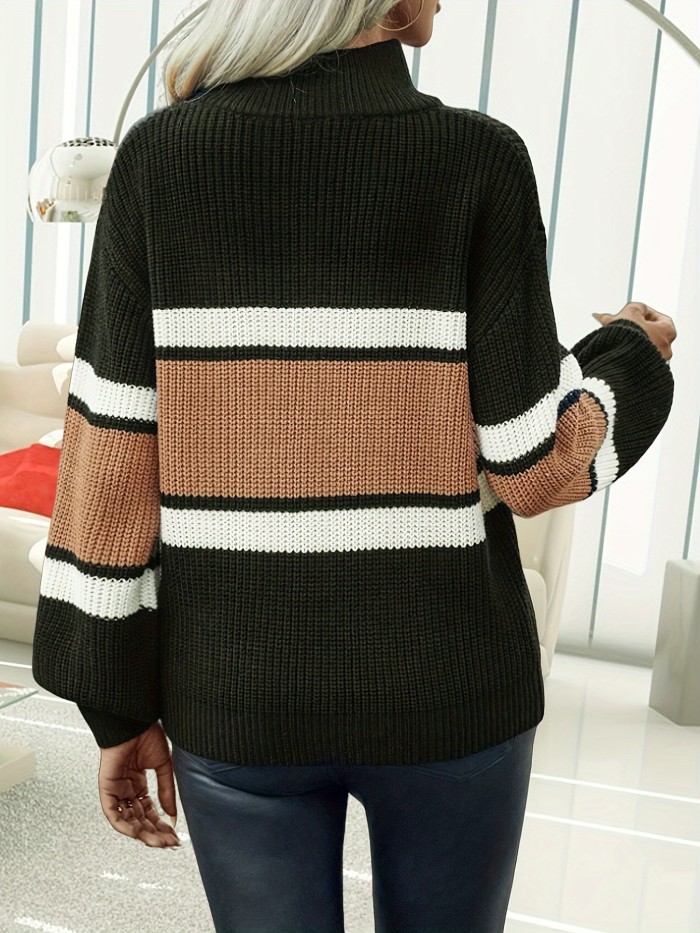 Striped Half Zip Pullover Sweater, Elegant Long Sleeve Drop Shoulder Sweater, Women's Clothing