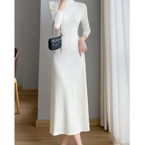 Ribbed Solid Midi Dress, Elegant Mock Neck Long Sleeve Dress, Women's Clothing