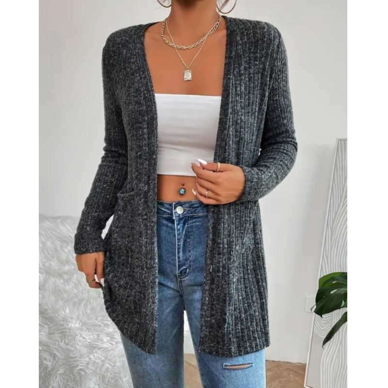 Plus Size Casual Cardigan, Women's Plus Solid Ribbed Long Sleeve Open Front Slight Stretch Cardigan With Pockets
