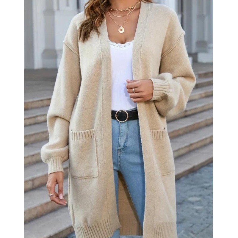 Plus Size Casual Cardigan, Women's Plus Solid Lantern Sleeve Open Front High Stretch Oversized Sweater Cardigan