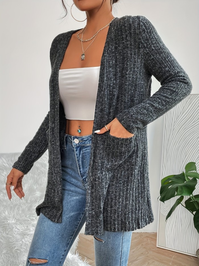 Plus Size Casual Cardigan, Women's Plus Solid Ribbed Long Sleeve Open Front Slight Stretch Cardigan With Pockets