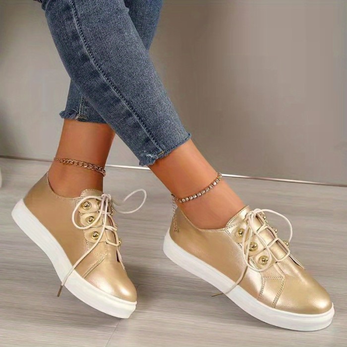 Women's Casual Sneakers, Lace Up Low Top Plain Toe Lightweight Shoes