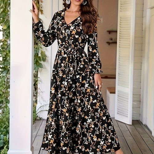 Floral Print V Neck Dress, Elegant Long Sleeve Dress, Women's Clothing