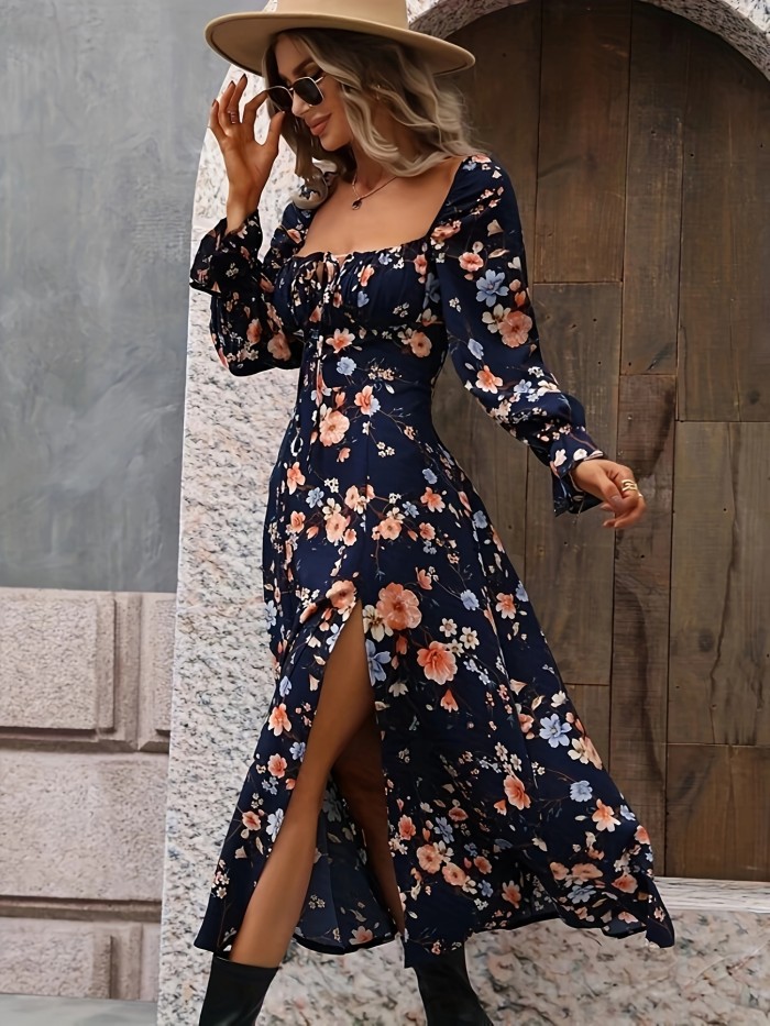 Floral Print Square Neck Dress, Boho Long Sleeve Ruffle Trim Split Dress, Women's Clothing