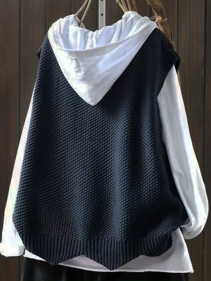 Solid Crew Neck Sweater Vest, Casual Sleeveless Vest For Spring & Fall, Women's Clothing
