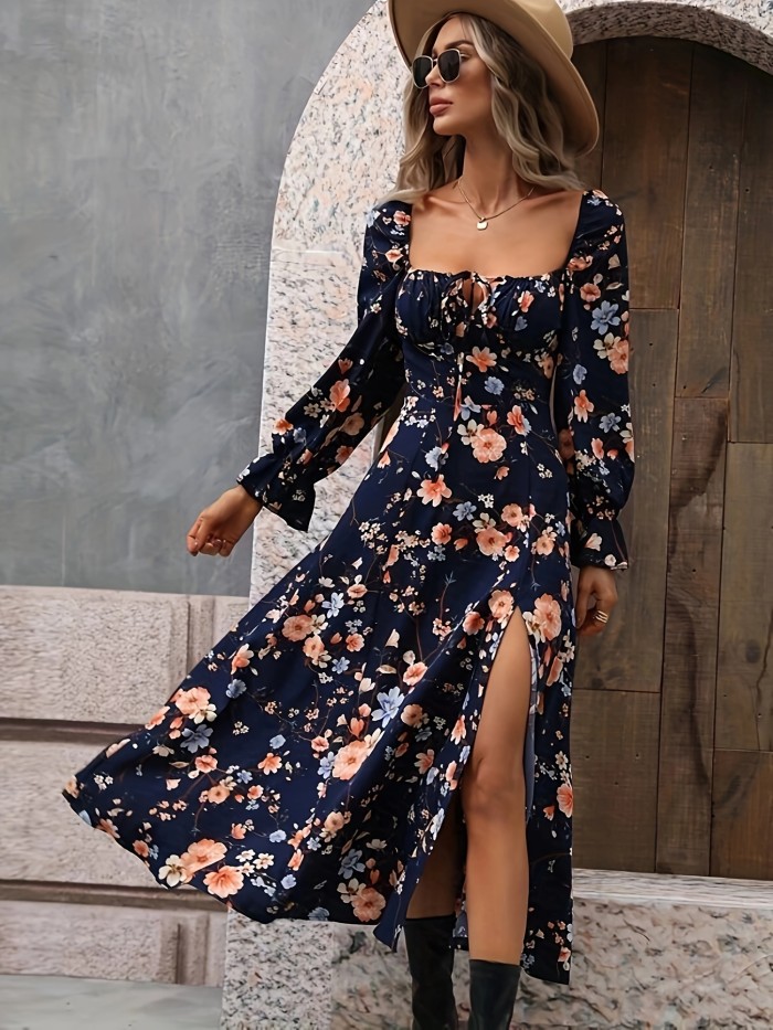 Floral Print Square Neck Dress, Boho Long Sleeve Ruffle Trim Split Dress, Women's Clothing