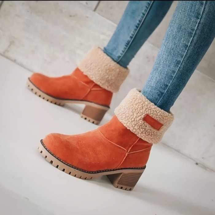 Women's Warm Plush Lined Boots, Chunky Heeled Ankle Boots, Classic & Comfortable Chelsea Boots