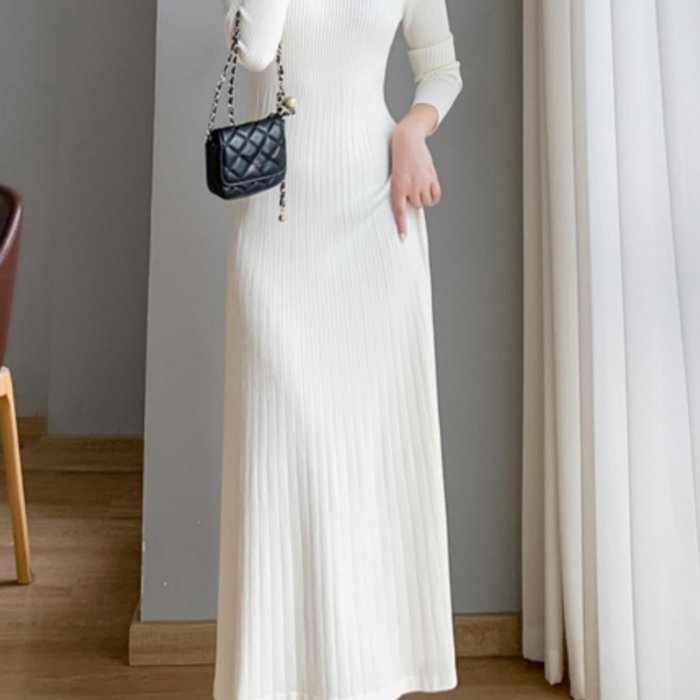 Ribbed Solid Midi Dress, Elegant Mock Neck Long Sleeve Dress, Women's Clothing