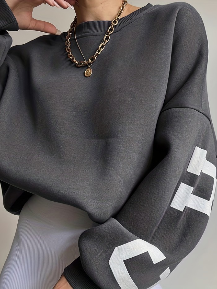 Women Oversized Thermal Letter Graphic Print Sweatshirt Aesthetic Crew Neck Long Sleeve Drop Shoulder Pullover