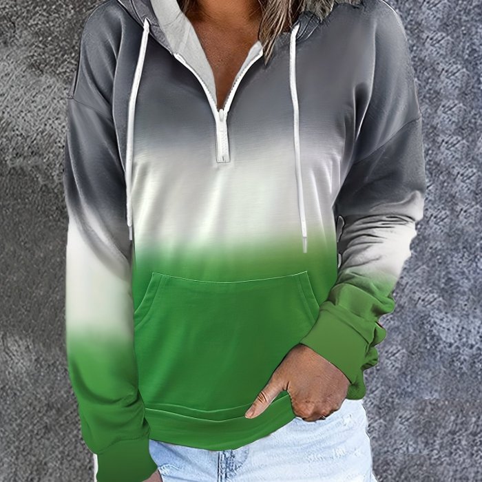 Color Block Drawstring Half Zip Hoodies, Street Wear Drop Shoulder Kangaroo Pocket Sweatshirt, Women's Clothing