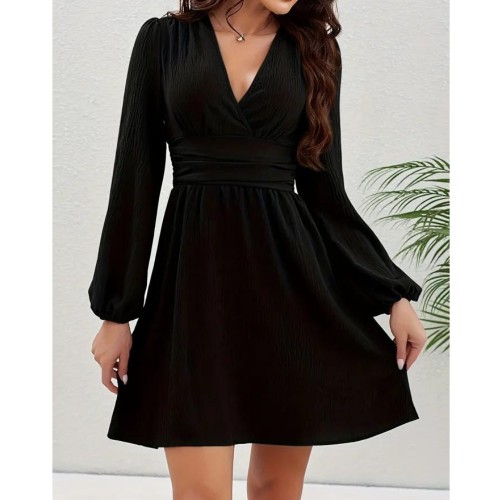 Ruched V Neck Dress, Elegant Lantern Long Sleeve Solid Dress, Women's Clothing