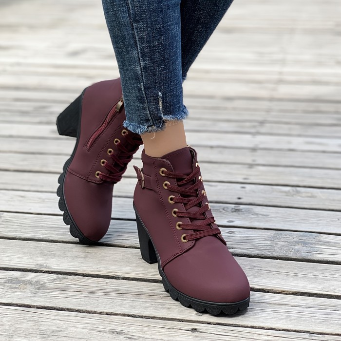 Women's Chunky Heeled Ankle Boots, Solid Color Side Zipper Boots, Beer Festival Dress Shoes