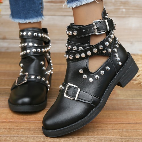 Women's Solid Color Cool Boots, Buckle Belt & Studded Decor Platform Boots, Winter Round Toe Punk Boots