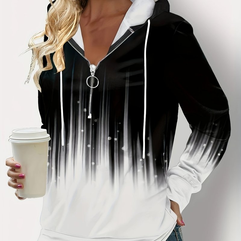 Gradient Print Quarter Zipper Front Hoodie, Casual Long Sleeve Drawstring Hoodies Sweatshirt, Women's Clothing