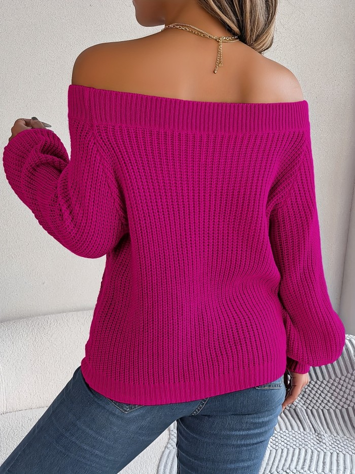 Solid Off Shoulder Pointelle Knit Sweater, Casual Long Sleeve Loose Sweater, Women's Clothing