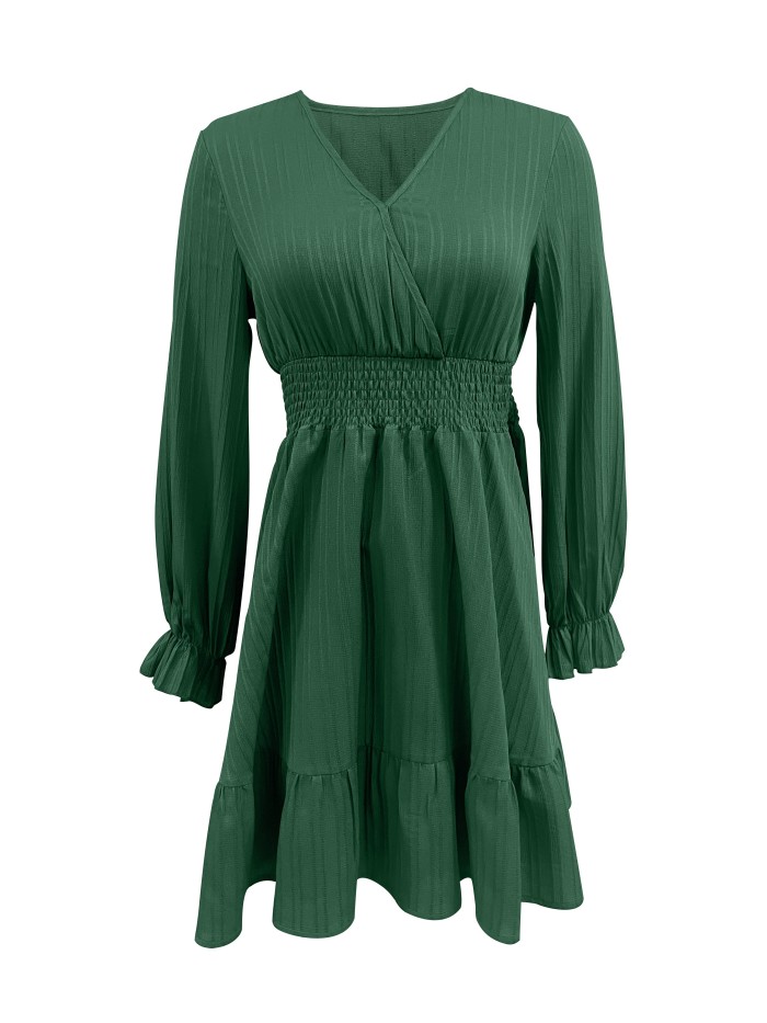 Shirred Waist Ruffle Trim Dress, Casual V Neck Long Sleeve Dress, Women's Clothing