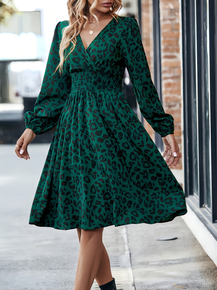 Women's Leopard Print Dress, V-neck Long Sleeve Dress, Dress For Work & Office, Women's Clothing