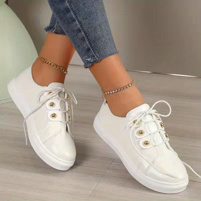 Women's Casual Sneakers, Lace Up Low Top Plain Toe Lightweight Shoes