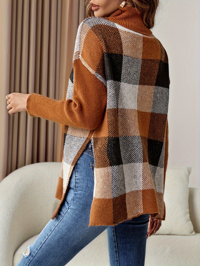 Plaid Turtle Neck Pullover Sweater, Casual Long Sleeve Split Sweater, Women's Clothing