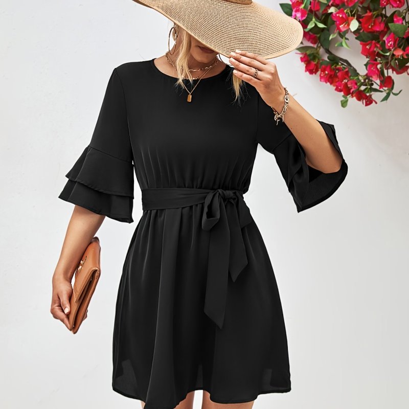 Solid Crew Neck Mini Dress, Casual Ruffle Sleeve Belted Dress, Women's Clothing