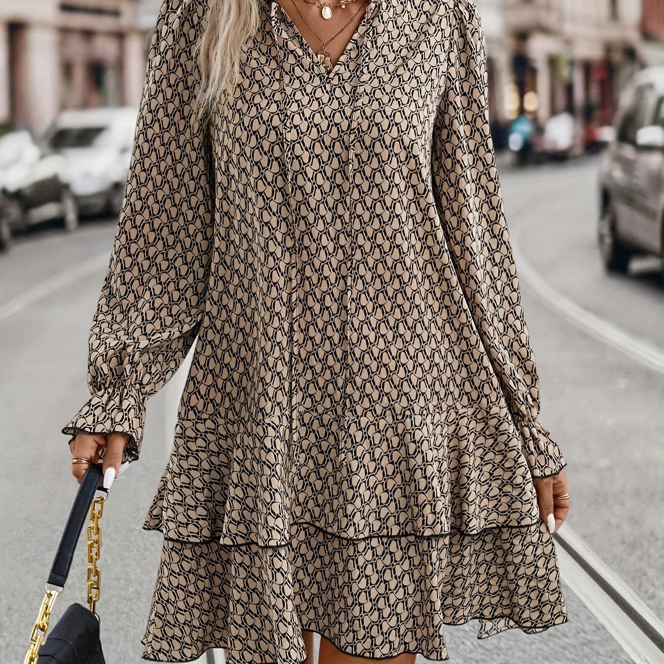 All-Over Print Women's High Neck Dress With Long Sleeve