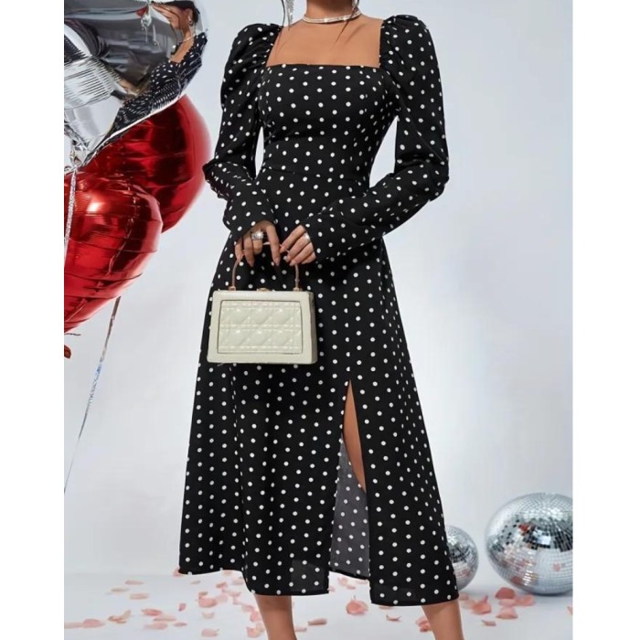 Polka Dot Print Split Dress, Elegant Squared Neck Long Sleeve Dress, Women's Clothing