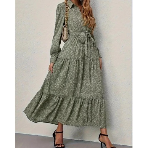 Allover Print Tiered Dress, Elegant Button Front Long Sleeve Dress, Women's Clothing