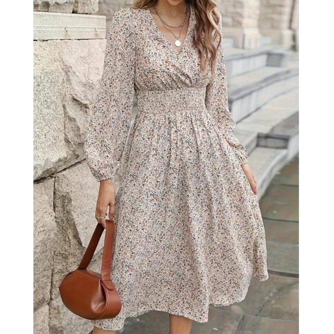 Ditsy Floral Print Dress, Elegant Shirred Waist Long Sleeve Midi Dress, Women's Clothing