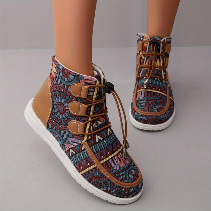 Women's Tribal Pattern Ankle Boots, Casual Round Toe High Top Flat Shoes, Comfortable Drawstring Short Boots