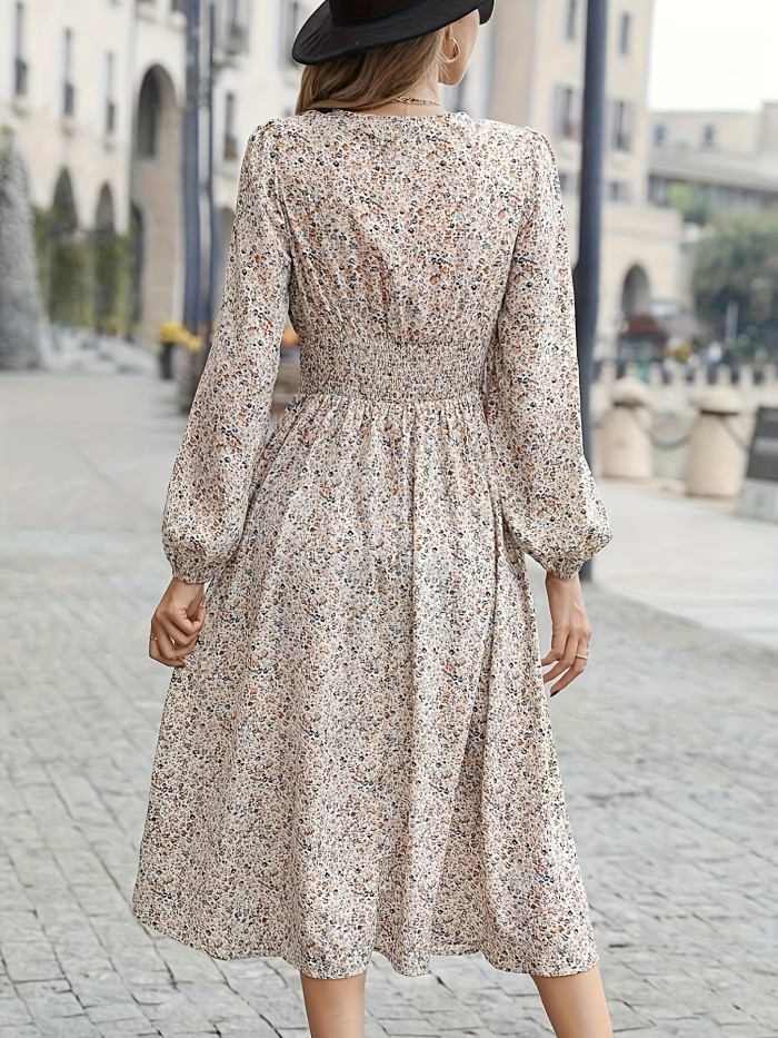 Ditsy Floral Print Dress, Elegant Shirred Waist Long Sleeve Midi Dress, Women's Clothing